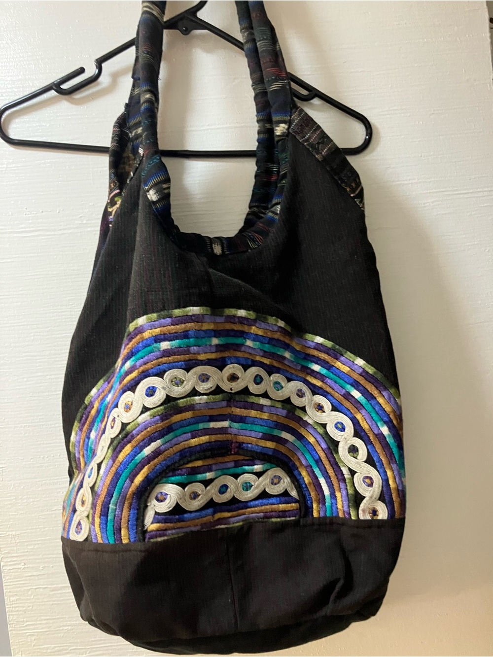 Handcrafted Black Embroidered Large Hobo Bag with Multicolor Accents